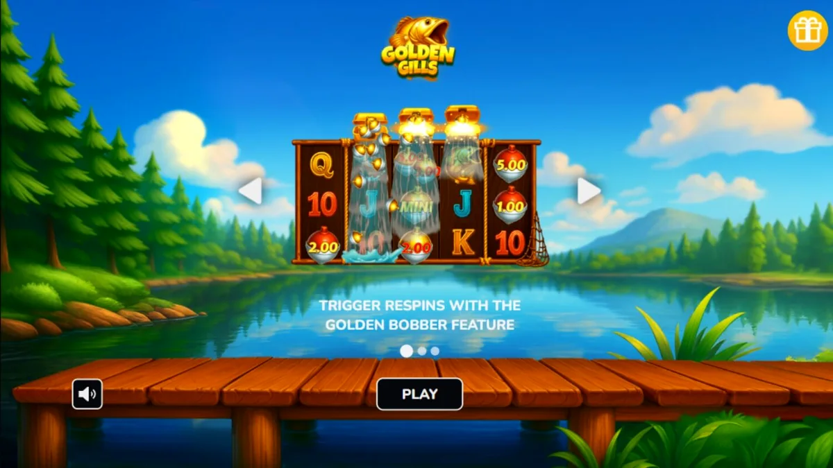 Tampilan visual slot Golden Gills dengan tema memancing yang tenang dan simbol-simbol emas.