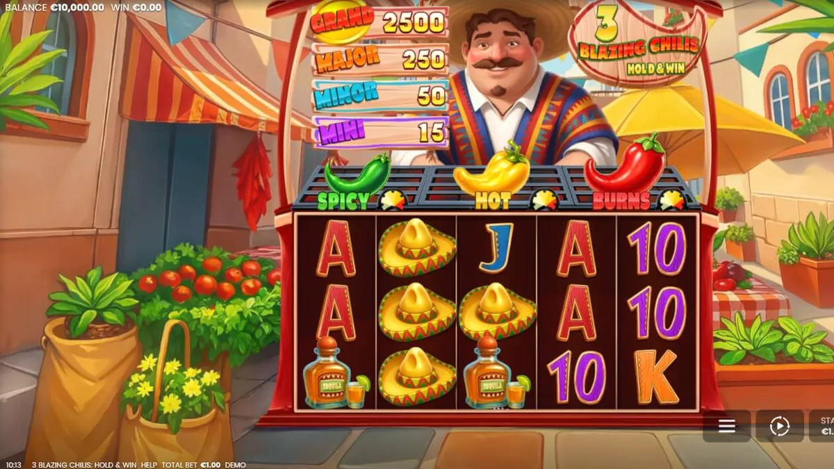 Tampilan visual slot 3 Blazing Chilis dengan tema fiesta Meksiko dan fitur Hold & Win.